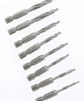 8 Piece Drill Tap Set With 1 Quarter Inch Hex Shank Pro Grade HSS Drill Bits For Drilling Tapping And Deburring on white background