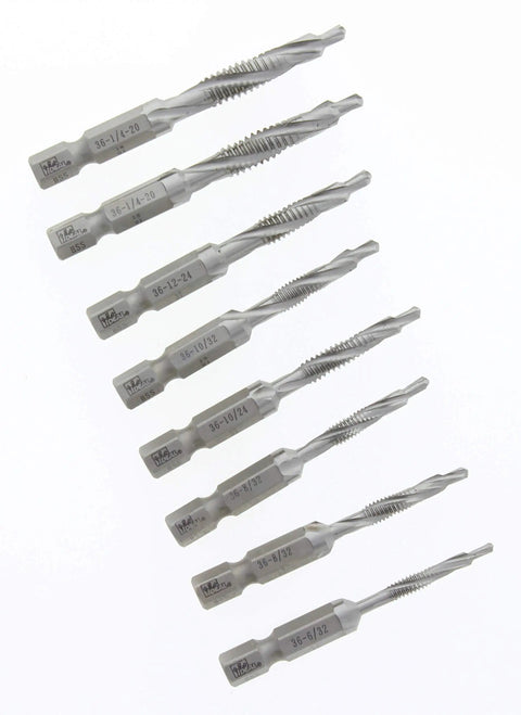 8 Piece Drill Tap Set With 1 Quarter Inch Hex Shank Pro Grade HSS Drill Bits For Drilling Tapping And Deburring on white background