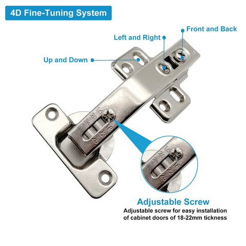 4D Fine-Tuning System of Straight Up Smooth Two Pack Concealed Cabinet Hinges, adjustable for 18-22mm doors, silver hardware.