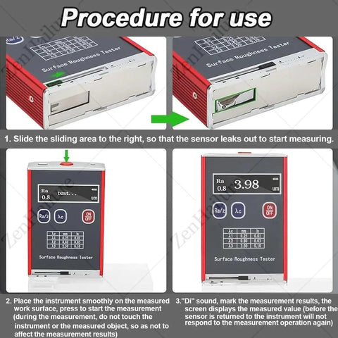 Top Notch Portable Surface Roughness Tester With 0.01 μm Precision Profilometer For Metal Surfaces showing display and instructions