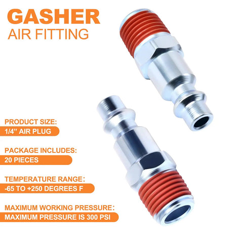 Quarter Inch NPT Male Industrial Air Plug 300 PSI Pneumatic Plugs Pack Of 20 With Pre Coated Threads displayed with specs