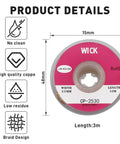 Product details of desoldering wick, width 2.5mm, length 3.0m, part of All In One Solder Kit With Tip Cleaner And Holder, 1.0mm Solder Wire 11g.