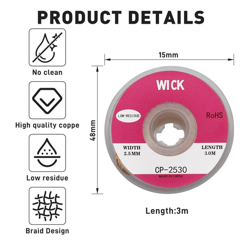 Product details of desoldering wick, width 2.5mm, length 3.0m, part of All In One Solder Kit With Tip Cleaner And Holder, 1.0mm Solder Wire 11g.