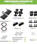 Beefy 7000 Lbs Portable Car Lift With 26.8 Inch Max Height Four Column Quick Jack accessories kit showing extension plates, lifting columns, rubber pads, hoses, handles, wheels, screws, and manual.