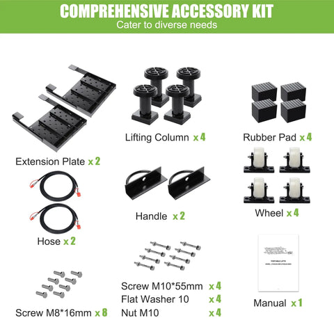 Beefy 7000 Lbs Portable Car Lift With 26.8 Inch Max Height Four Column Quick Jack accessories kit showing extension plates, lifting columns, rubber pads, hoses, handles, wheels, screws, and manual.