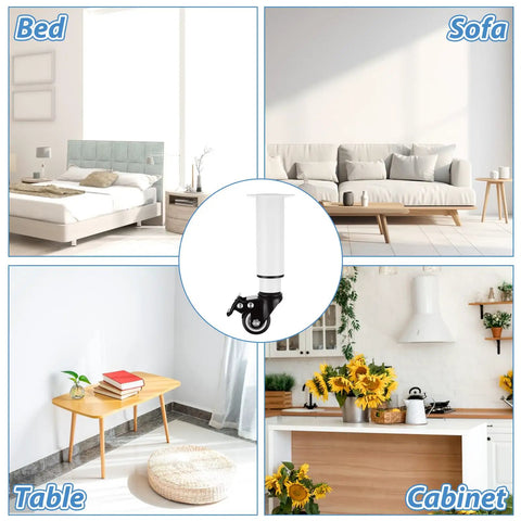 Set Of 4 Metal Adjustable Furniture Legs With Wheels Casters White Height 7.3-10.2 Inches Heavy Duty 440Lbs Capacity Includes 16 Screws Brakes For Tables Cabinets Sofas Beds