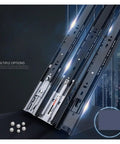 Heavy Duty Drawer Rails With Smooth Glide Steel 3 Way Slide System For Full Extension Three Section Drawers 8 To 22 Inch Adjustable Furniture Rails Two Pack 20 Inch Long displayed against a dark background with reflections.