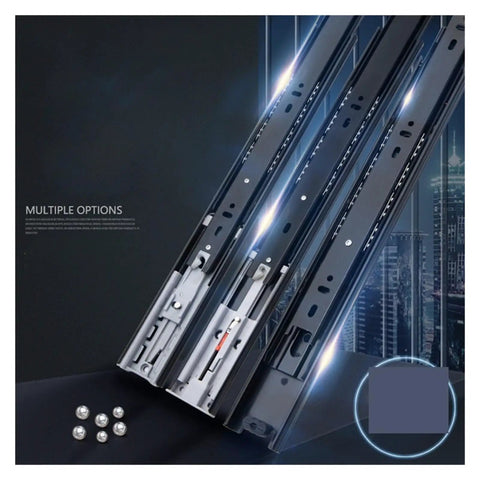 Heavy Duty Drawer Rails With Smooth Glide Steel 3 Way Slide System For Full Extension Three Section Drawers 8 To 22 Inch Adjustable Furniture Rails Two Pack 20 Inch Long displayed against a dark background with reflections.