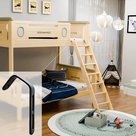 Heavy Duty Angled Bunk Bed Ladder Hooks 4 Pack With Mounting Screws shown with bunk bed setup and storage in a stylish room.