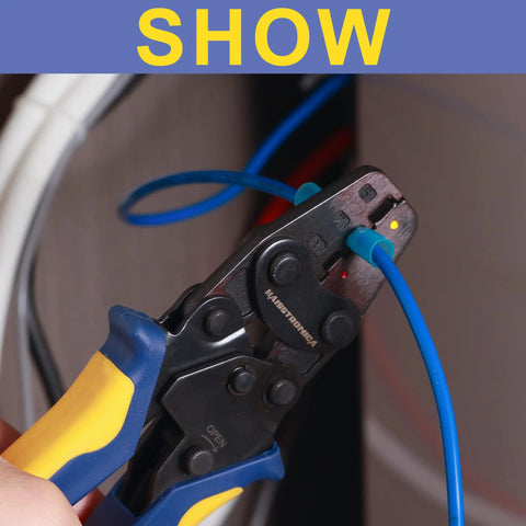 Heavy Duty Ratcheting Crimping Tool For Heat Shrink Connectors, 7 Inch Wire Crimper, AWG 22-10, in use on a blue wire.