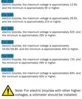 Voltage range chart for electric bicycles with a warning about using a voltmeter for higher voltages.
