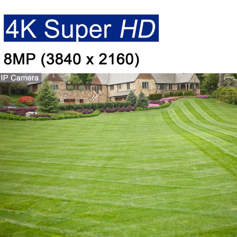 Landscape view demonstrating 4K Super HD and 8MP IP camera resolution with grassy lawn and house in background.