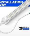 Installation method showing 8Ft High Output 100W 15000LM 6500K T8 LED Shop Light Strip with V Shape Clear Cover and 20-inch hardwire cable