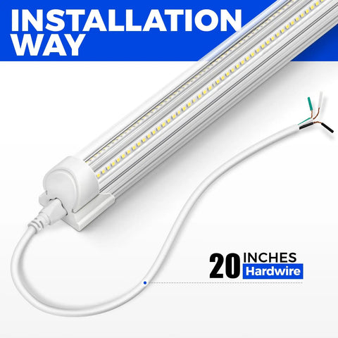 Installation method showing 8Ft High Output 100W 15000LM 6500K T8 LED Shop Light Strip with V Shape Clear Cover and 20-inch hardwire cable