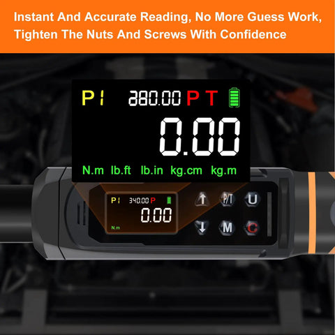 Close-up of digital display on Digital Torque Wrench Set with Dual Direction Ratchets, showing readings and buttons.