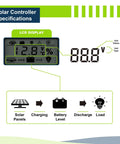 Display screen of 10A PWM Charge Controller in 100W 12V Solar Power Kit With Gel 21Ah Deep Cycle Battery, icons for solar panels and charging.