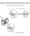 Hypoallergenic 8mm Imitation Pearl Stud Earrings Set for Women, 12 Pairs, Surgical Stainless Steel Back, Round Ball Pearls, Everyday Sparkle, Nickel Free, Comfortable All Day Wear; 8mm pearl stud detail