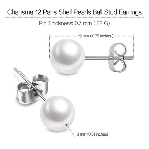 Hypoallergenic 8mm Imitation Pearl Stud Earrings Set for Women, 12 Pairs, Surgical Stainless Steel Back, Round Ball Pearls, Everyday Sparkle, Nickel Free, Comfortable All Day Wear; 8mm pearl stud detail