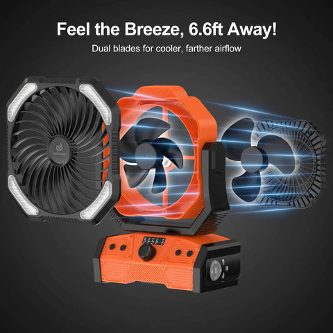 40000mAh Camping Fan With LED Light Remote And Hook Rechargeable Oscillating Tent Fan For Power Outs Travel RV Job Site Orange Battery Bank