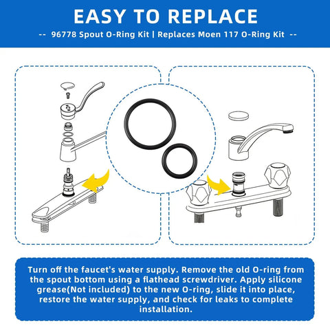 Rotating Spout Kitchen Faucet O Ring Kit Replacement Includes Two Sets Of Three O Rings Easy Install shown with instructions
