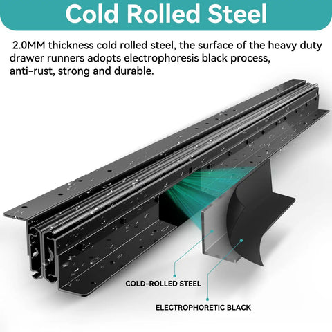 Cold rolled steel detail of Beefy Undermount Drawer Slides 260 Lb Load Capacity 16 Inch 1 Pair Full Extension Ball Bearing Concealed Rails