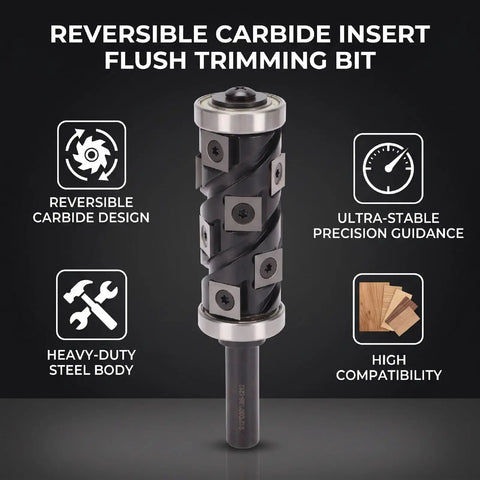 Premium Reversible Carbide Flush Trim Router Bit With 1/2 Inch Shank And 32mm Cutter Diameter, featuring reversible carbide design and heavy-duty steel body.