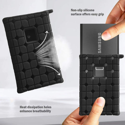Samsung T7 And T7 Touch Portable SSD Case with silicone cover showing non-slip grip and heat dissipation holes, black edition