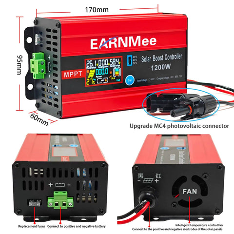 Beefy High Efficiency MPPT Solar Charge Controller 1200W 72V 60V 48V With LCD Display And 15A Output For LiFePO4 Lithium Lead Acid