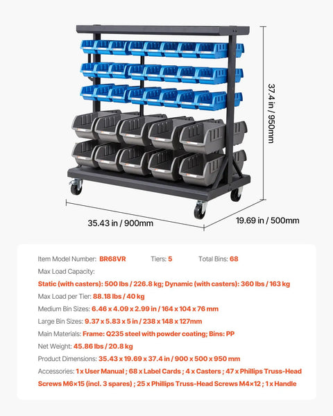 Straight Up Reliable Dual Sided Rolling Storage Rack With Sixty Eight Tough Plastic Parts Bins And Quick Label Slots, Slick Mobile Tool Caddy Featuring Heavy Duty Build And Smooth Locking Casters For Garage Workshop Setup