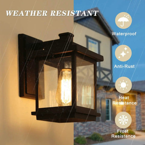 Rectangular Outdoor Porch Light With Clear Glass, Dope Farmhouse Style Weatherproof Exterior Wall Lantern In Matte Black lit up on wall with rain and weather resistance icons.