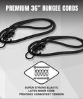 Premium 36" bungee cords with latex core, designed for consistent tension, ideal for securing cargo and equipment.