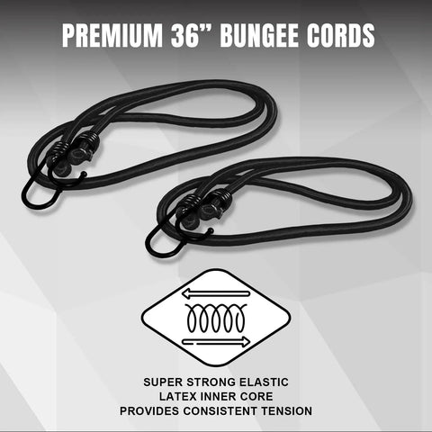 Premium 36" bungee cords with latex core, designed for consistent tension, ideal for securing cargo and equipment.