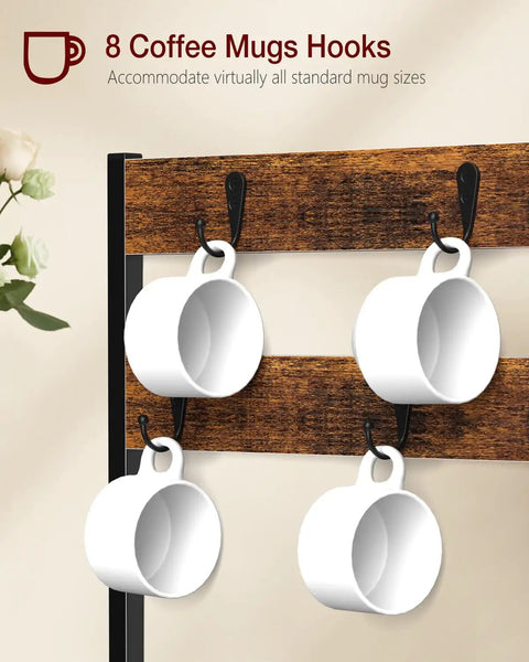 Rustic Brown Coffee Pod Organizer Drawer For Vertuo And Nespresso with four coffee mugs hanging on hooks in rustic style.