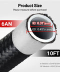 6AN PTFE Fuel Line Kit For E85 Racing, 10 ft black hose detail showing ID 0.31 inch and OD 0.45 inch dimensions.