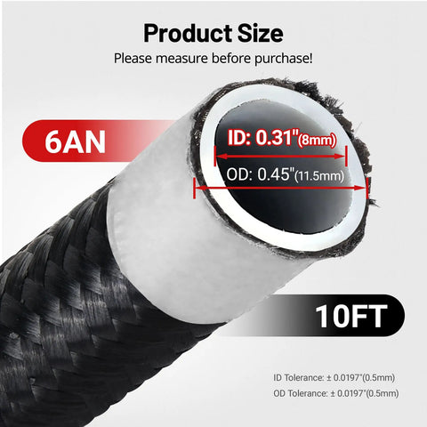 6AN PTFE Fuel Line Kit For E85 Racing, 10 ft black hose detail showing ID 0.31 inch and OD 0.45 inch dimensions.