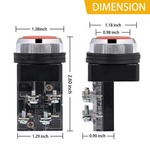 Dimensions of DPST 30mm Momentary Mushroom Head Push Button Switch for Industrial Control 1NO 1NC AC 250V 6A.