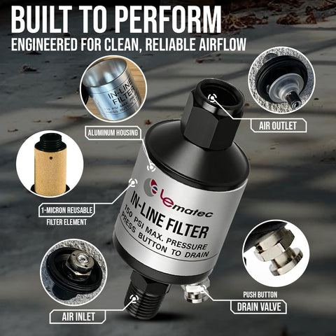 One Quarter Inch NPT Inline Water Separator For Air Compressors with aluminum housing, moisture trap, and push-button drain