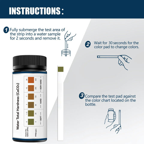 Image showing Hard Water Test Strips Kit With Easy Color Chart 150 Strips For Quick Reading 0-425 PPM And 0-25 GPG Water Hardness Testing instructions