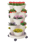 5-Tier Vertical Garden Tower Stackable Planter for strawberries, flowers, vegetables, herbs, beige, on wheeled base