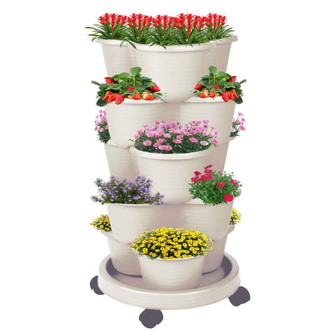 5-Tier Vertical Garden Tower Stackable Planter for strawberries, flowers, vegetables, herbs, beige, on wheeled base