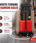 Get This Heavy Duty 3500 Lbs Carbon Steel Semi Electric Pallet Stacker With Adjustable Forks For Smooth Warehouse Work And Reliable Material Moves with 55.5 in turning radius.