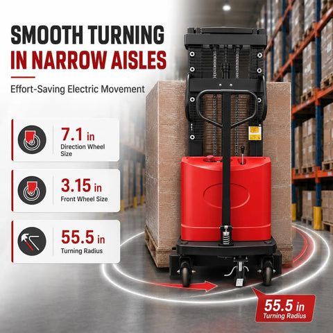 Heavy Duty 1.6 KW Semi Electric Pallet Stacker With 3500 Lb Lift Cap, showcasing smooth turning in narrow aisles with dimensions.