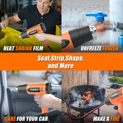 Heavy Duty Heat Gun With Dual Temp Settings 572F And 1112F, 1600W Power, 4 Nozzles, Cordless Design shown in various uses