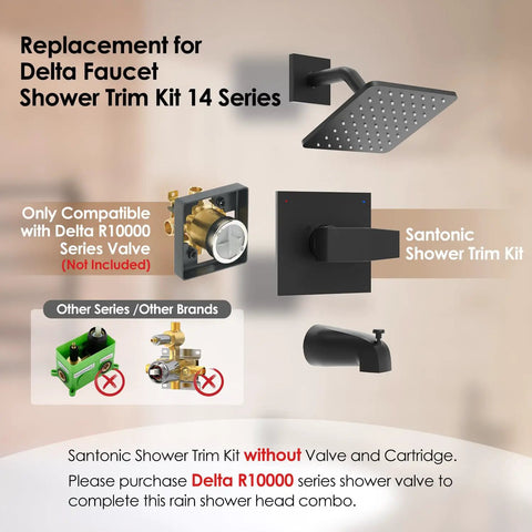 Fresh Matte Black Shower Trim Kit For Tub And Bath Smooth Turn Handle Set With Six Inch Rain Shower Head Sick Looking Modern Bathroom Faucet Conversion Valve Cartridge Not Included