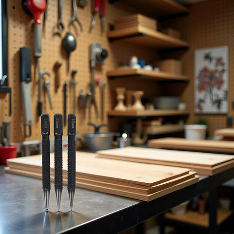 Three Piece Black High Carbon Steel Center Punch Set on a workshop table, designed for precise pilot marking on metal, wood, and alloy.