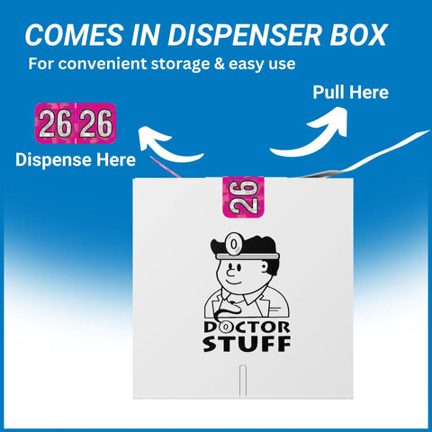 2026 Year Stickers for End Tab File Folders Holographic Fuchsia Chart Labels in dispenser box showing label roll and pull tab.