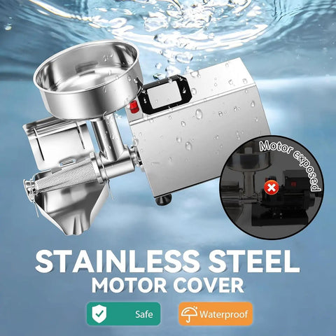 Heavy Duty Commercial Electric Tomato Strainer With Stainless Steel Food Press visible motor cover and feeding bowl.