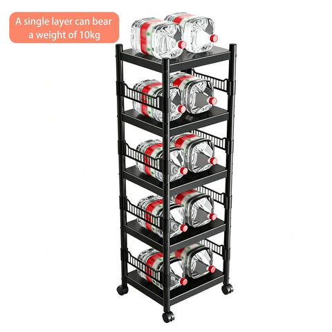 Super Badass Heavy Duty Carbon Steel Shelving Unit With Kickass Four Tier Layout For Garage And Kitchen Organization holding water bottles.