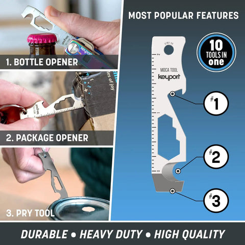 Image showing 10 In 1 Keychain Multitool Stainless Steel For Everyday Carry With Pry Bar Bottle Opener Flathead Screwdriver Box Opener Cord Cutter Hex Bit Driver Wrenches And Ruler TSA Friendly EDC Gear For Key Organizer, focusing on bottle opener, package opener, and pry tool in use.
