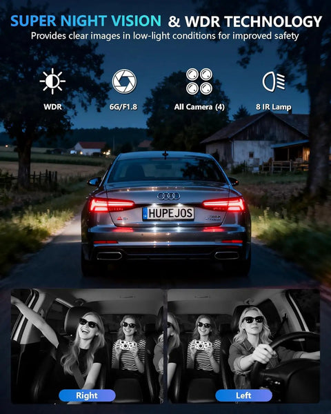 4K 360 Degree Dash Cam With Interior Driver Monitor 4 Channel Car Camera For Front Rear And All Sides WiFi GPS Night Vision